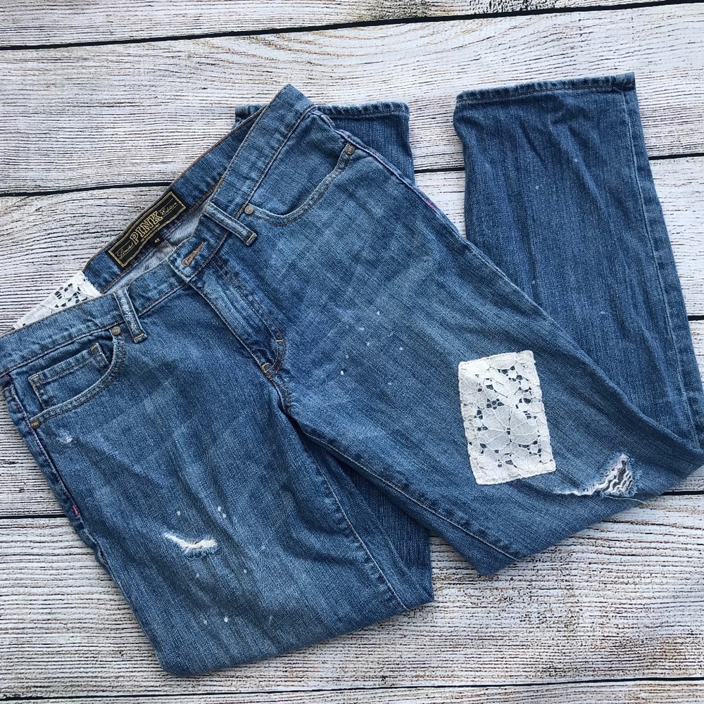 PINK Distressed Jeans w lace paint splatter Size 4
